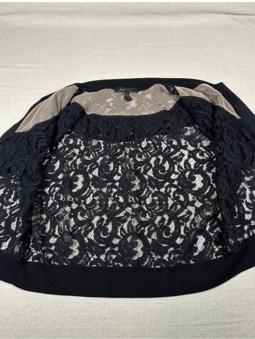 BCBGMAXAZRIA Black Floral Lace Ruffle Bomber Jacket Large Sheer Zip Whimsigoth - Picture 2 of 4